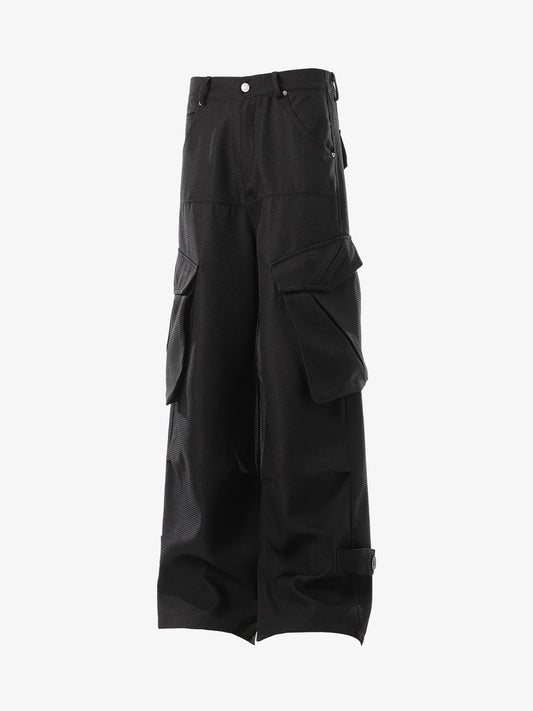 Multi-Pocket Textured Fabric Flared Pants 