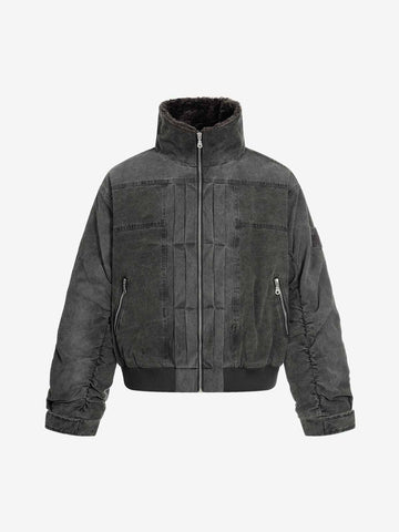 Vintage Distressed Pleated Shearling Collar Fleece Jacket 