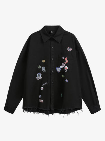 Stylish White Button-Up Shirt with Unique Patch Design for Casual and Trendy Looks 