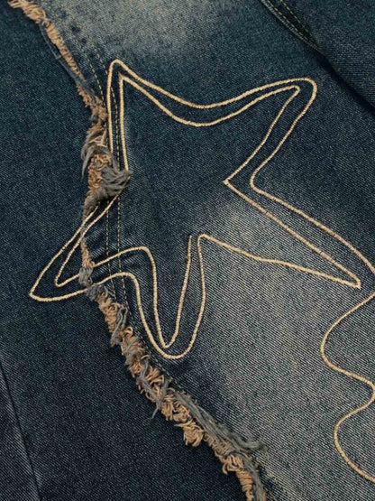 Vintage Embroidered Washed Raw-Edge Graffiti Scimitar Jeans 