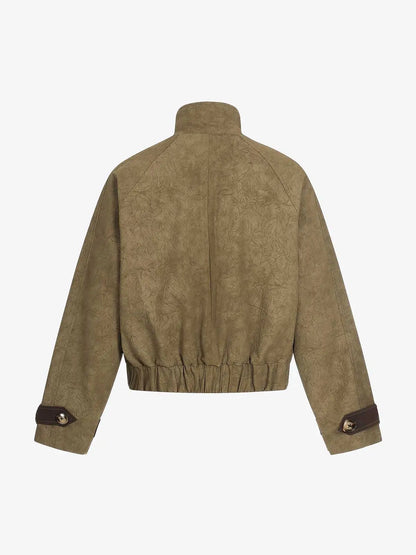 Textured Faux Leather Stand Collar Metal Buckle Jacket 