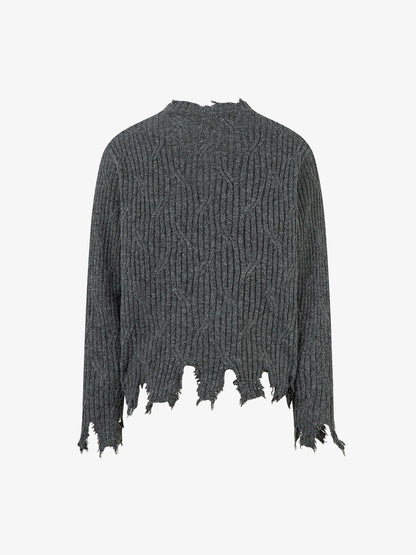 Knitted Distressed Diamond Pattern Raw Edge Sweater 