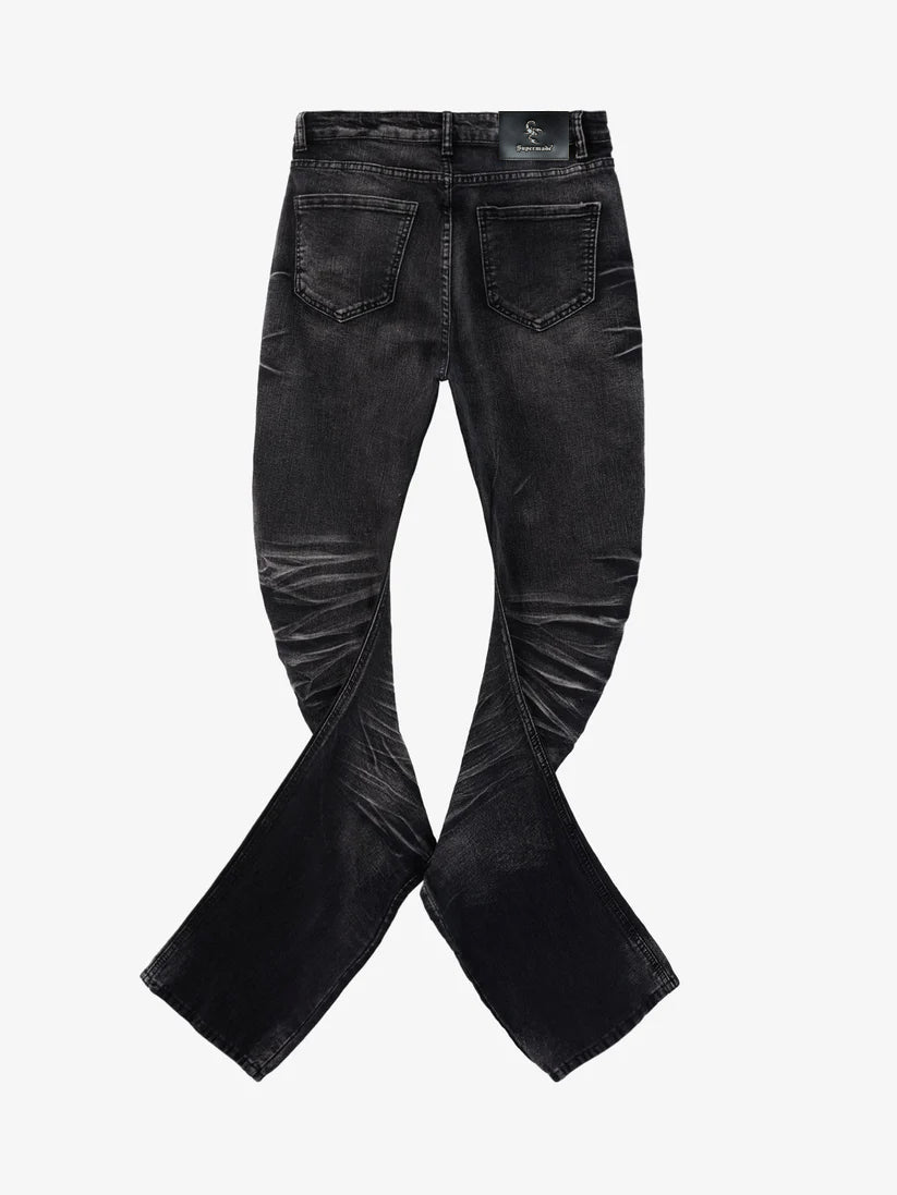 Vintage Distressed Button Fly Ruched Panel Flared Jeans
