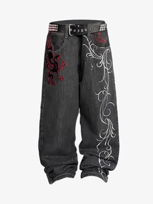 Denim Embroidered Dragon Pants with Rhinestone Belt - Gothic Streetwear Style 