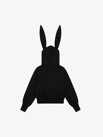 Rhinestone Bunny Ear Cropped Zip-Up Hoodie