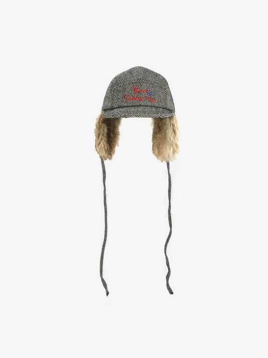 Retro Tweed Plush Earflap Embroidered Letter Cap 