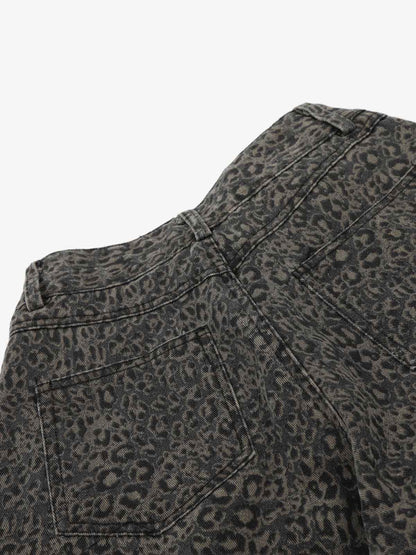 Leopard Pleated Wide Leg Denim Barrel Jeans 