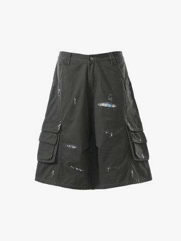 Vintage Distressed Multi Pocket Wide Leg Cargo Shorts