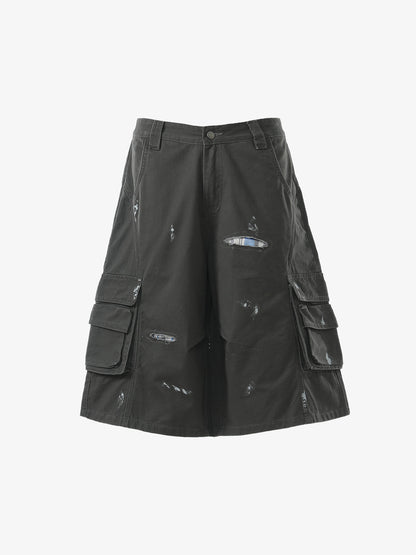 Vintage Distressed Multi Pocket Wide Leg Cargo Shorts