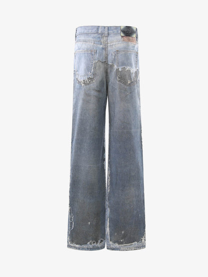Vintage Distressed Print Wide Leg Jeans