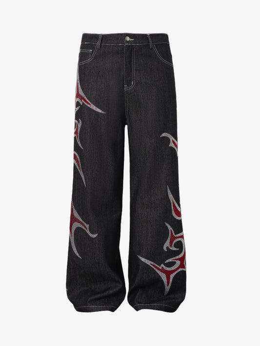 Tribal Rhinestone Graphic Wide Leg Jeans 