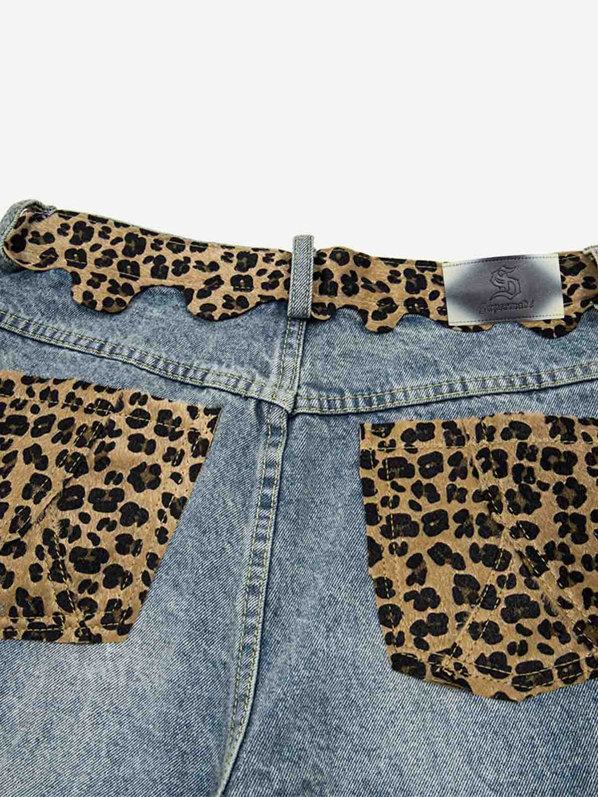 Vintage Leopard Panel Distressed Denim Shorts