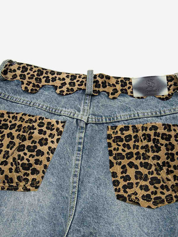 Vintage Leopard Panel Distressed Denim Shorts
