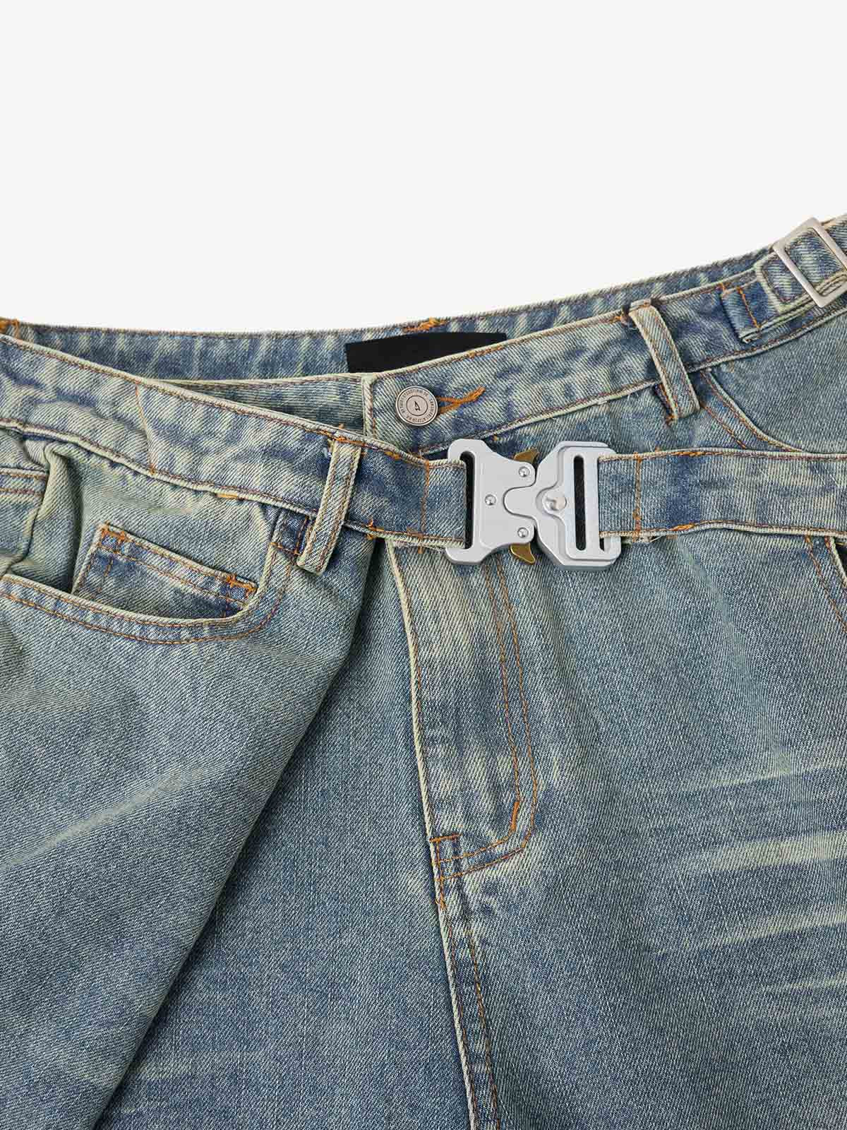 Tactical Buckle Washed Denim Shorts