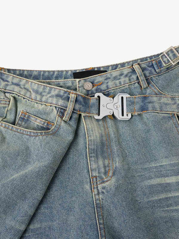 Tactical Buckle Washed Denim Shorts