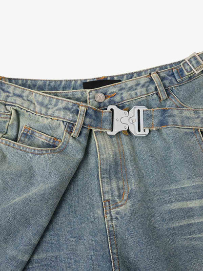 Tactical Buckle Washed Denim Shorts