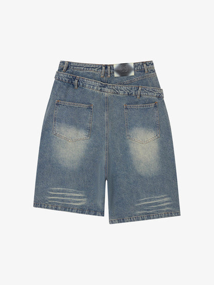 Double Waistband Ripped Denim Shorts