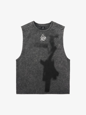 Cross-Print Distressed Washed Vest 