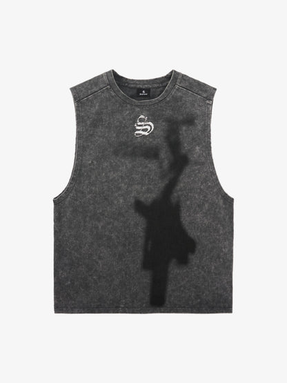 Cross-Print Distressed Washed Vest 