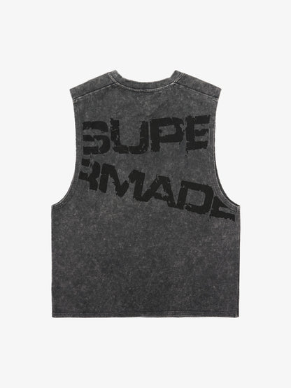 Cross-Print Distressed Washed Vest 