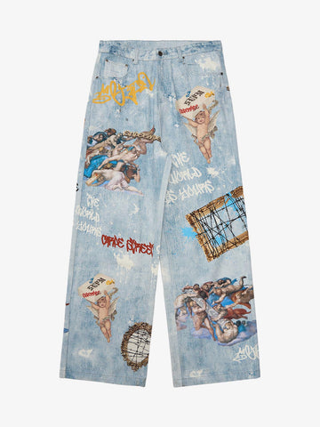 Retro Artistic Graffiti Angelic Prints Baggy Jeans - 2574 