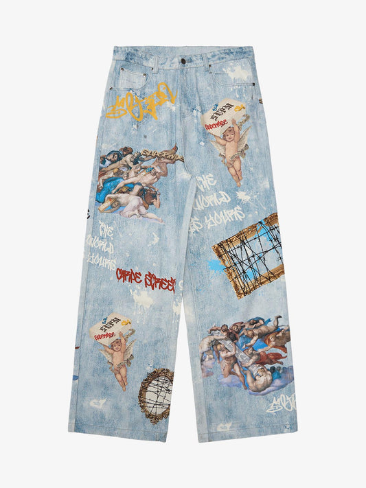 Retro Artistic Graffiti Angelic Prints Baggy Jeans - 2574 