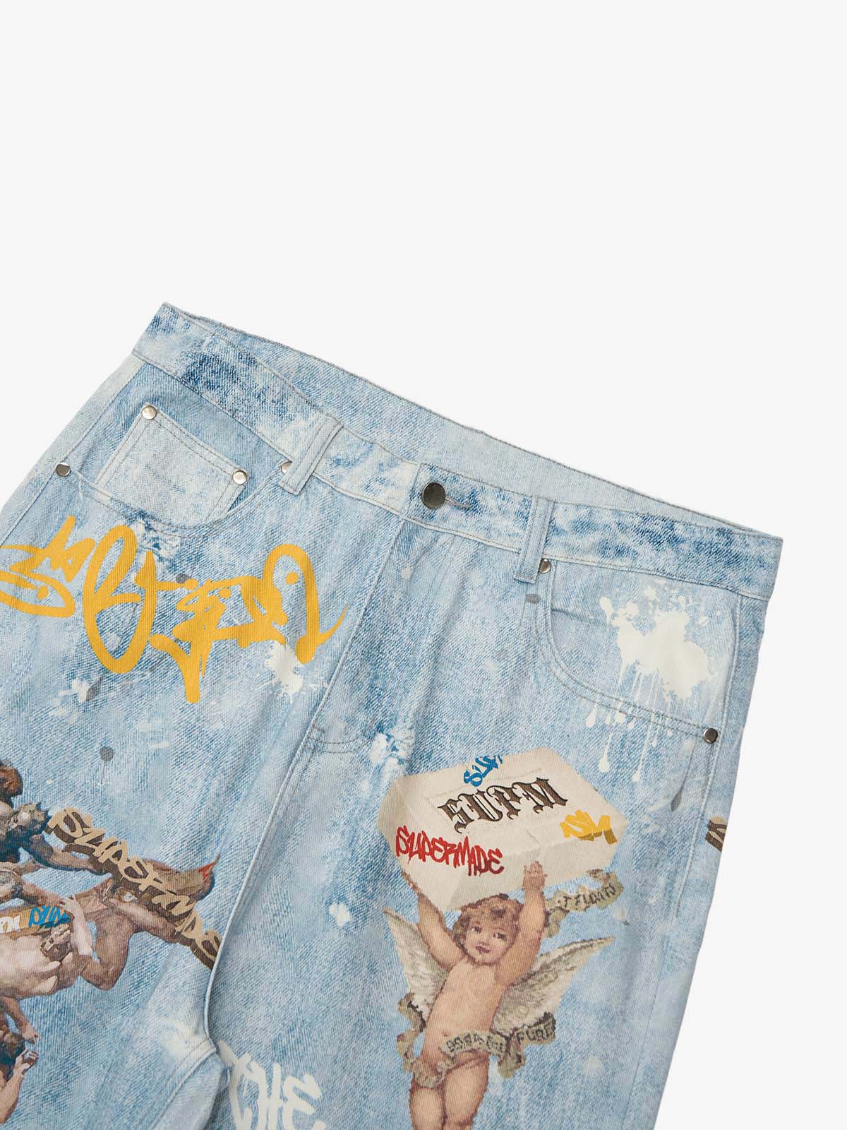 Retro Artistic Graffiti Angelic Prints Baggy Jeans - 2574 