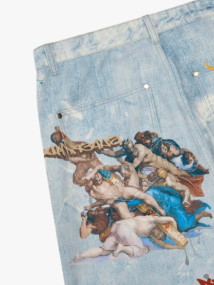 Retro Artistic Graffiti Angelic Prints Baggy Jeans - 2574 