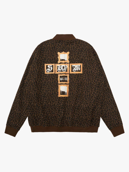 Cross Frame Leopard Print Baseball Jacket - 2572 