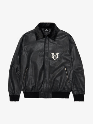 SUPM Fur Collar Rhinestone Pattern Leather Jacket - 2557 
