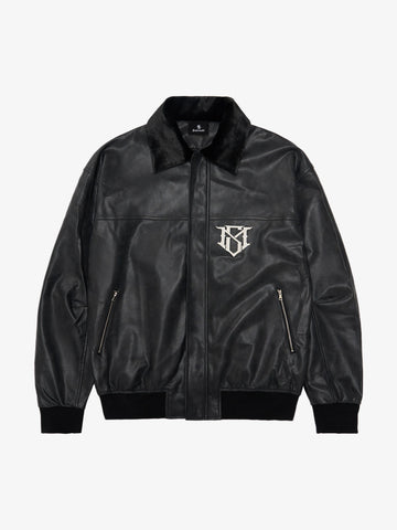 SUPM Fur Collar Rhinestone Pattern Leather Jacket - 2557 