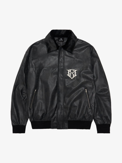 SUPM Fur Collar Rhinestone Pattern Leather Jacket - 2557 
