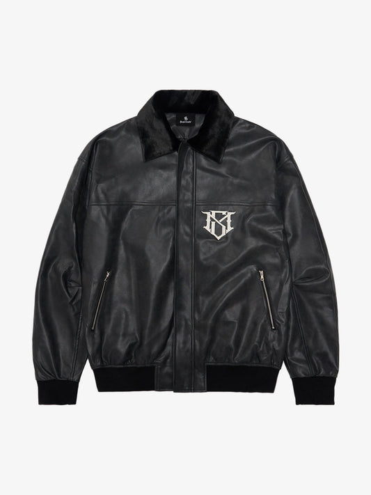 SUPM Fur Collar Rhinestone Pattern Leather Jacket - 2557 