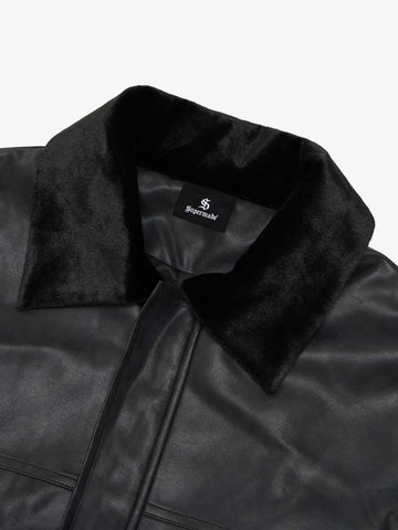 SUPM Fur Collar Rhinestone Pattern Leather Jacket - 2557 