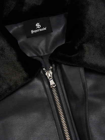SUPM Fur Collar Rhinestone Pattern Leather Jacket - 2557 