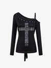 Off-Shoulder Cross Stud Long Slim Sleeve Tee