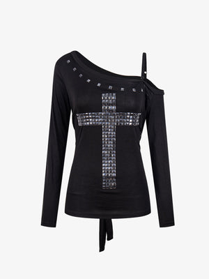 Off-Shoulder Cross Stud Long Slim Sleeve Tee