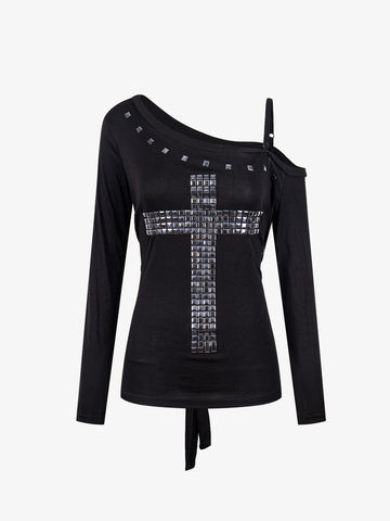 Off-Shoulder Cross Stud Long Slim Sleeve Tee