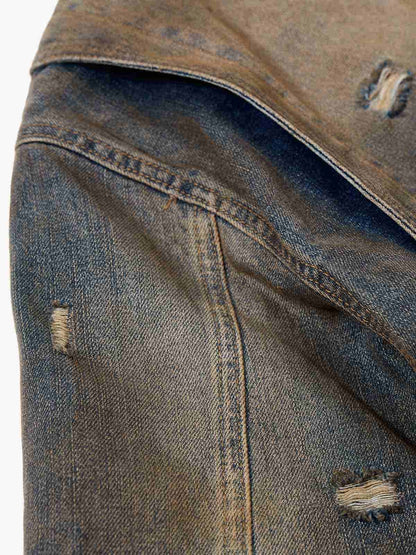Vintage Washed Distressed Denim Zip Up Jacket 
