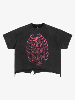 Skull Graphic Brushed Distressed Cropped Tee