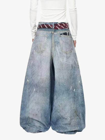 Tie Graphic Print Vintage Wash Wide Leg Denim Jeans 