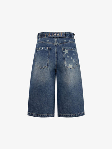 Star Embroidered Denim Shorts with Rivets