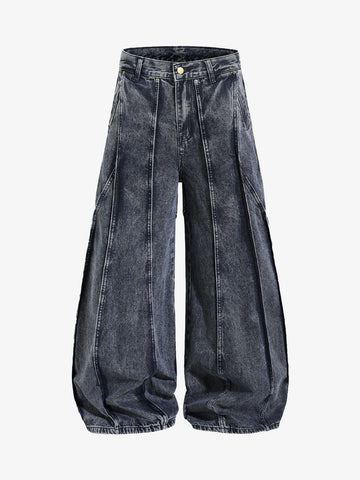 Washed Geometric Panel Barrel Jeans 