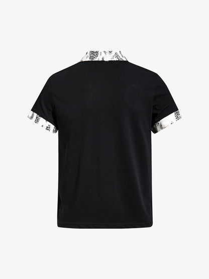 Cotton Polo Shirt with Leopard Print Collar & Cuff Detail