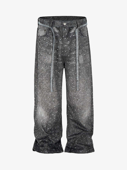 Denim Distressed Belt Diamond Decorated Jeans 