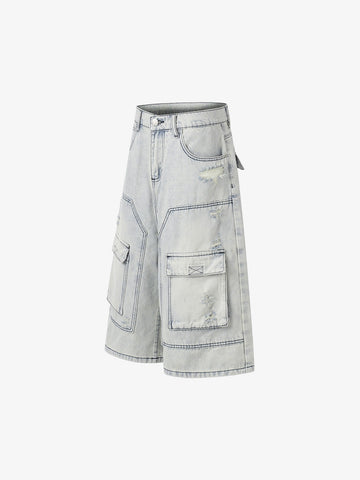 Distressed Denim Cargo Shorts