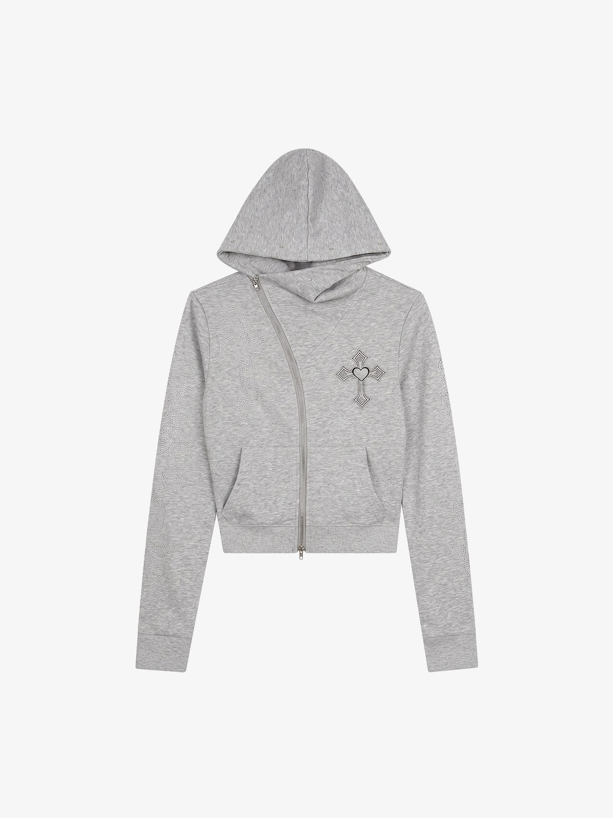 Rhinestone Asymmetrical Placket Zip-Up Hoodie