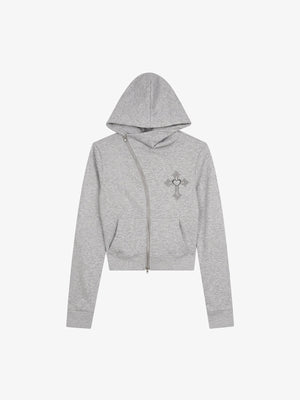 Rhinestone Asymmetrical Placket Zip-Up Hoodie