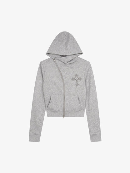 Rhinestone Asymmetrical Placket Zip-Up Hoodie
