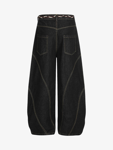 Denim Retro Belt Detail With Patchwork Barrel Jeans - 2490 